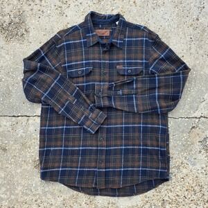 Orvis Heavyweight Flannel Shirt‎ Men's L Blue Brown Plaid Workwear Hiking
